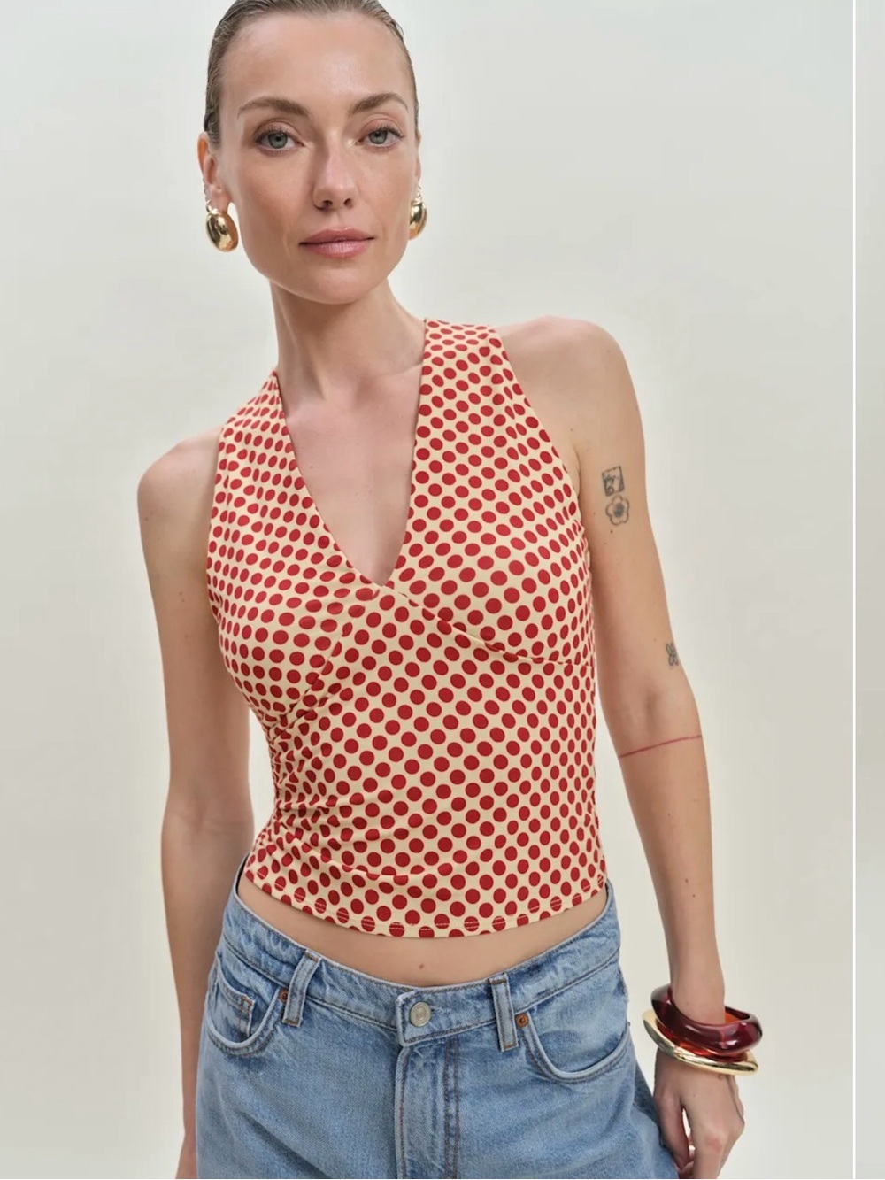 Bowie Sleeveless Red Polka Dot V-Neck Tank Top